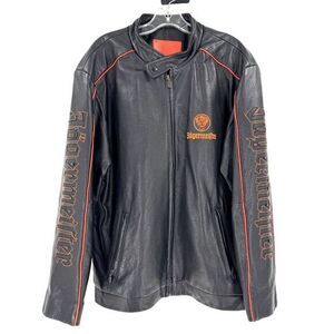 Jägermeirter Leather Biker Jacket Men's Large Black Orange Spell Out Arms Bomber